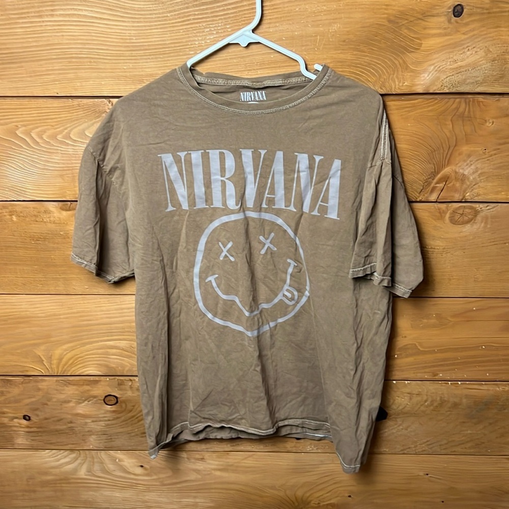 Nirvana Kurt Cobain Smiley Face Faded T-Shirt L Men's Tan/White Rock&Roll grunge